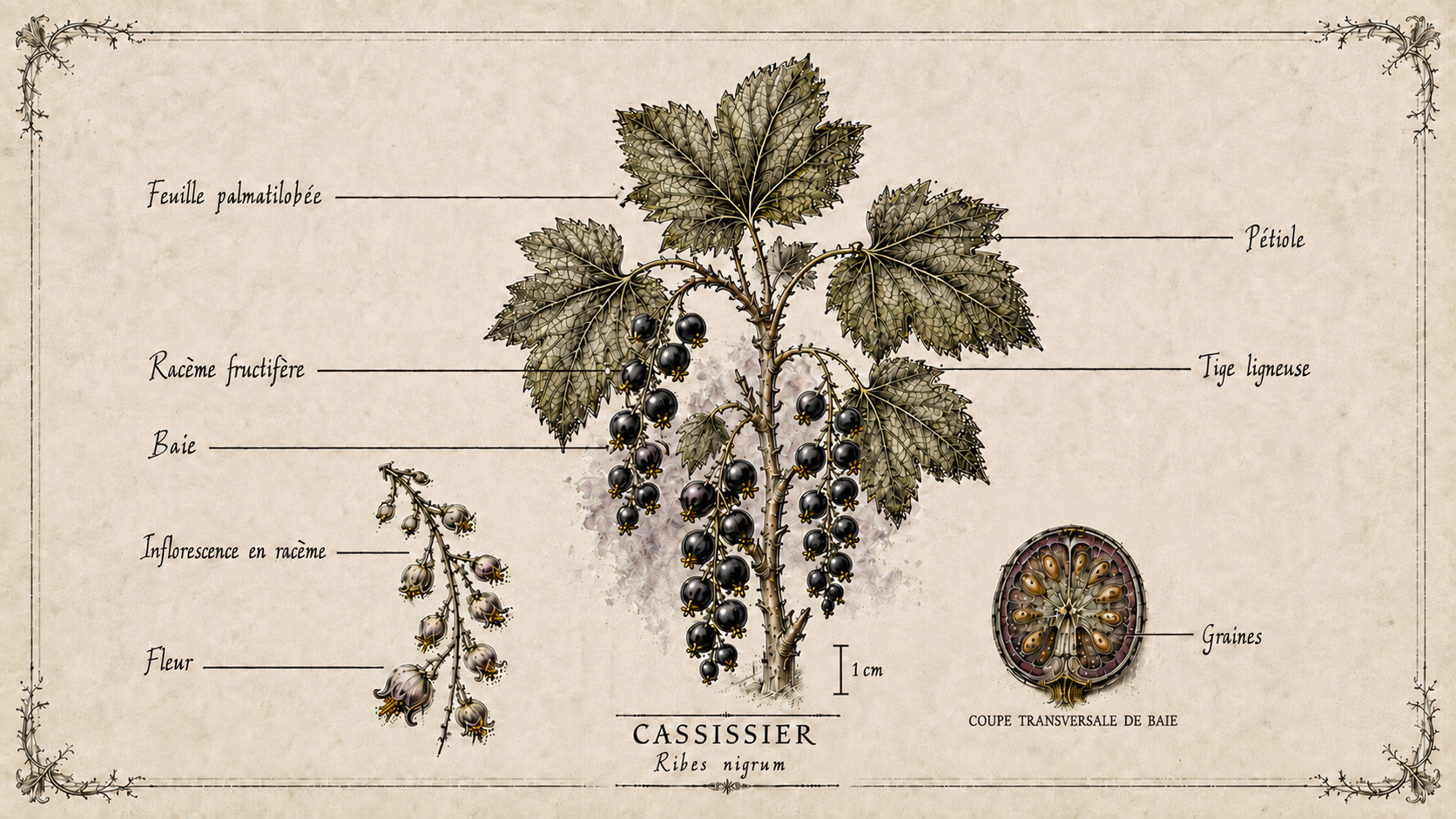 Planche botanique du cassissier — Ribes nigrum : feuille palmatilobée, racème fructifère, fleur et coupe transversale de baie